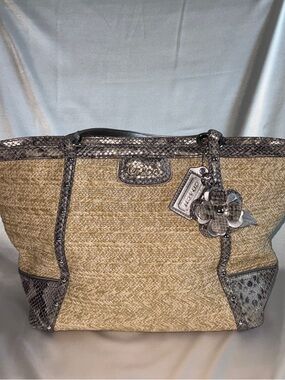 Coach Alexandra Straw Tote with Gray Python Trim and Matching Floral Charm